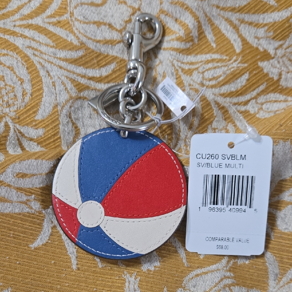Coach Beach Ball Leather Keychain Charm - Red, Blue & White Bag Charm